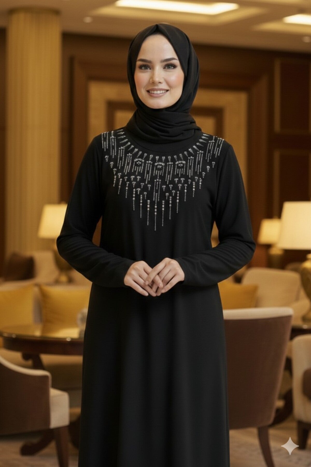 Women's Sandy Stone Detailed Black Hijab Dress Plus Size - MALLTURK