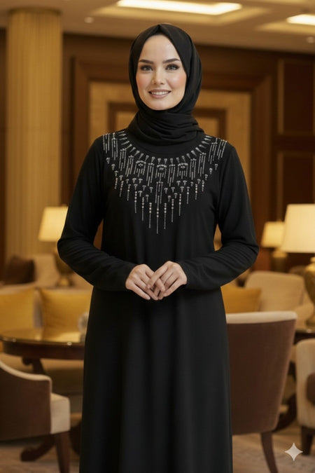 Women's Sandy Stone Detailed Black Hijab Dress Plus Size - MALLTURK