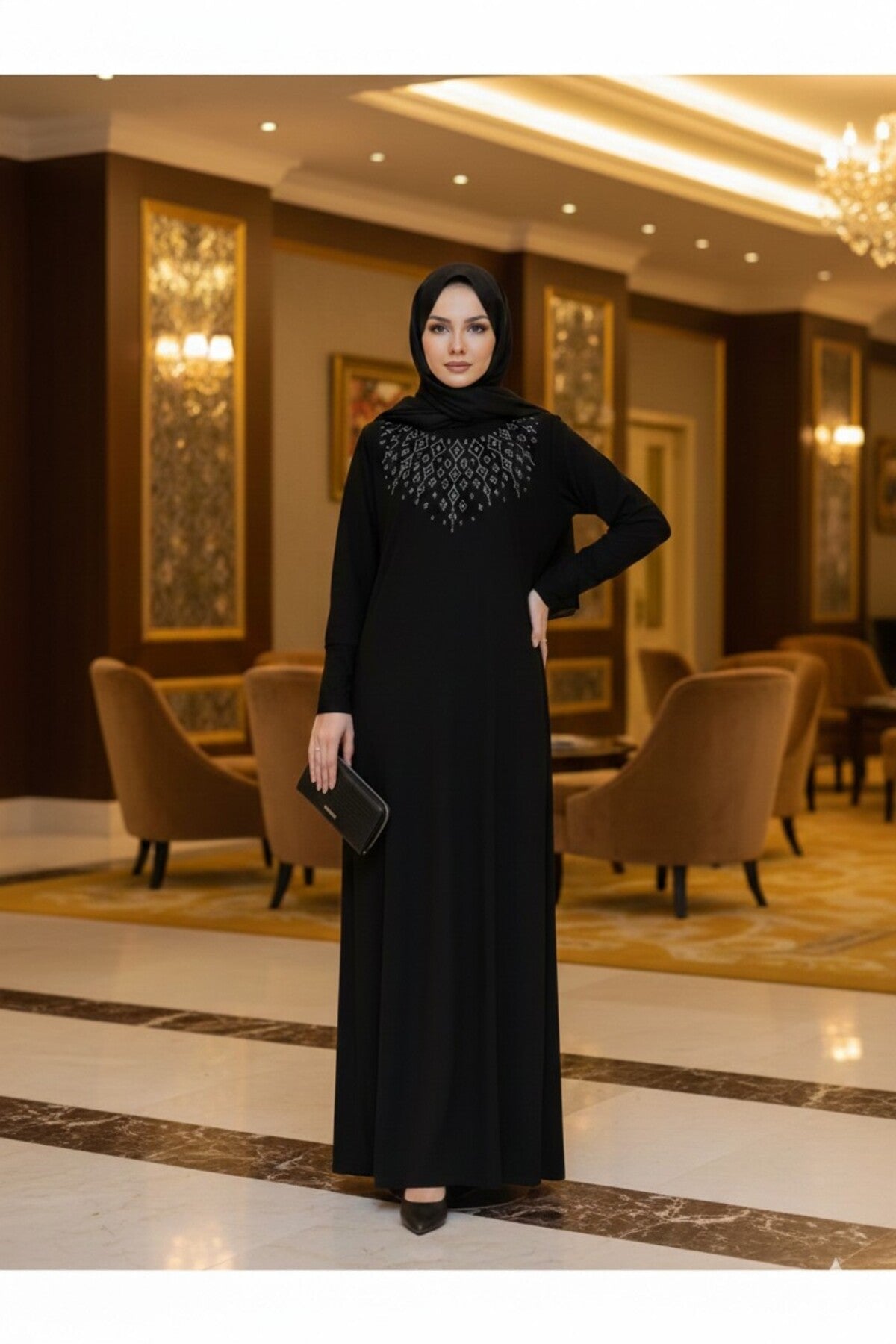 Women's Sandy Stone Detailed Black Hijab Dress Plus Size - MALLTURK
