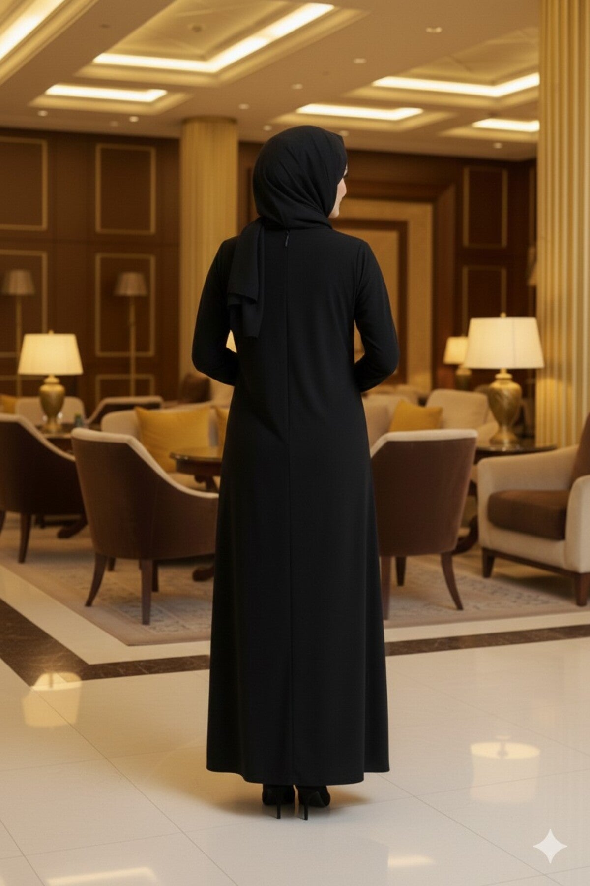 Women's Sandy Stone Detailed Black Hijab Dress Plus Size - MALLTURK