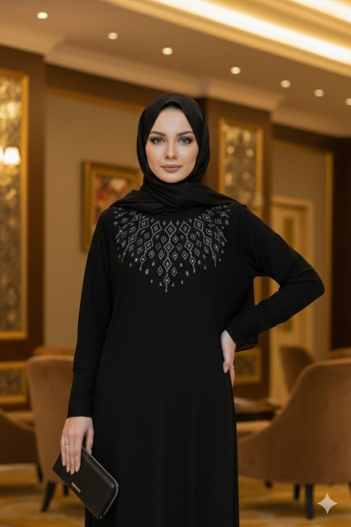 Women's Sandy Stone Detailed Black Hijab Dress Plus Size - MALLTURK