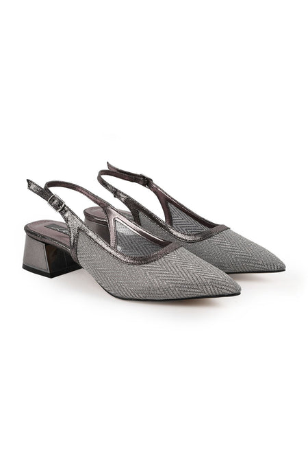 Women's Silvery Heeled Shoes Pointed Toe Short Thick Heel Slingback Stylish Evening Dress Jurdan Sole L085K1109 - MALLTURK