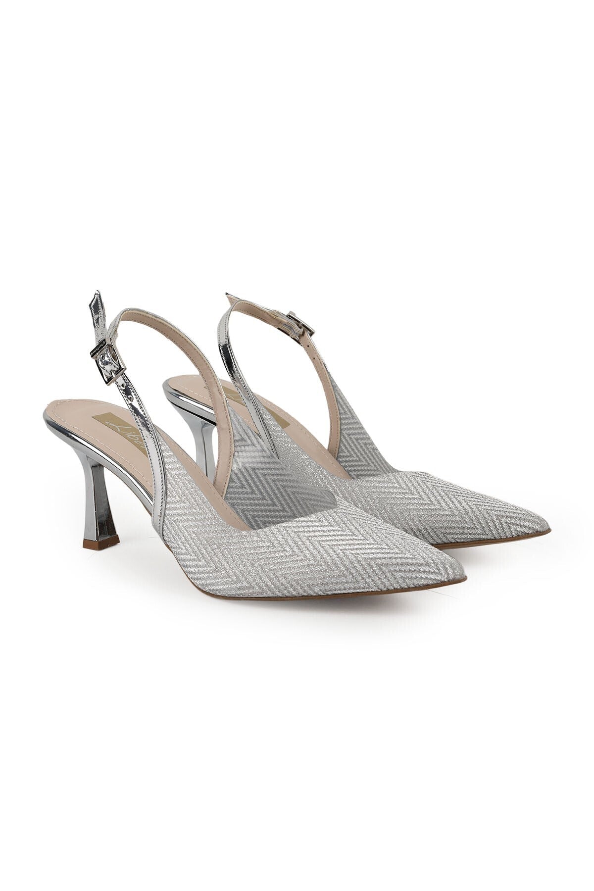 Women's Silvery Heeled Shoes Pointed Toe Slingback Stylish Evening Dress Jurdan Sole L085.K4004 - MALLTURK