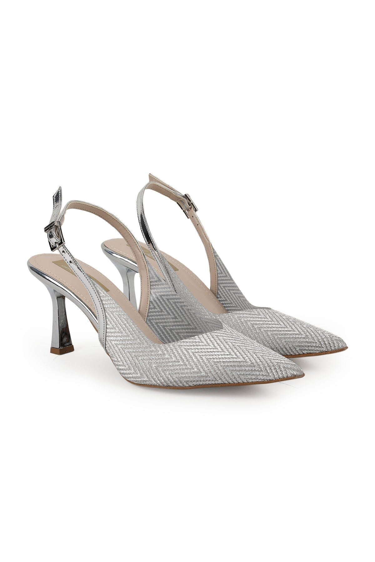Women's Silvery Heeled Shoes Pointed Toe Slingback Stylish Evening Dress Jurdan Sole L085.K4004 - MALLTURK