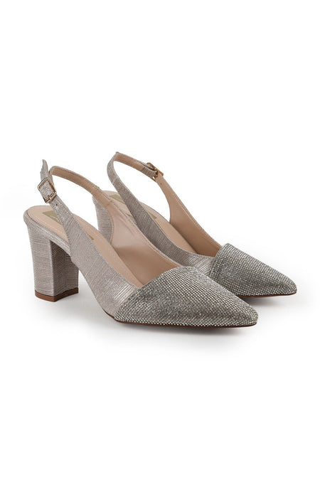 Women's Silvery Heeled Shoes Pointed Toe Thick Heel Slingback Stylish Evening Dress Jurdan Sole L085.K829 - MALLTURK