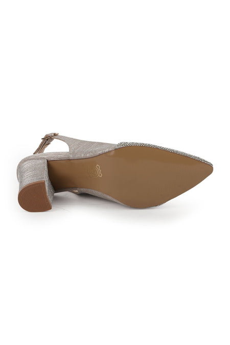 Women's Silvery Heeled Shoes Pointed Toe Thick Heel Slingback Stylish Evening Dress Jurdan Sole L085.K829 - MALLTURK