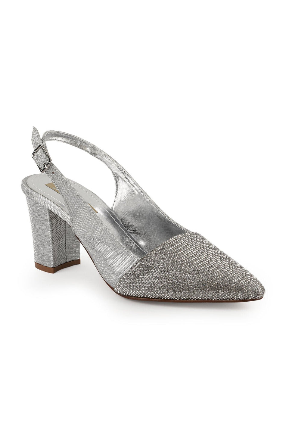 Women's Silvery Heeled Shoes Pointed Toe Thick Heel Slingback Stylish Evening Dress Jurdan Sole L085.K829 - MALLTURK