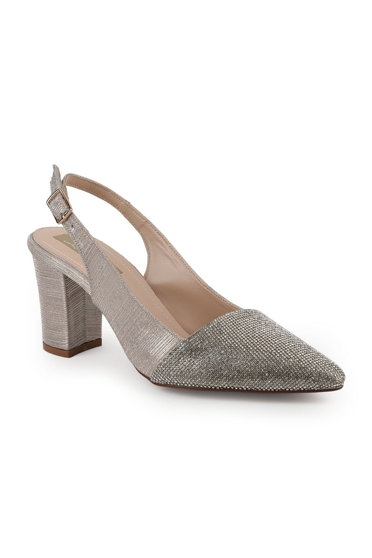 Women's Silvery Heeled Shoes Pointed Toe Thick Heel Slingback Stylish Evening Dress Jurdan Sole L085.K829 - MALLTURK