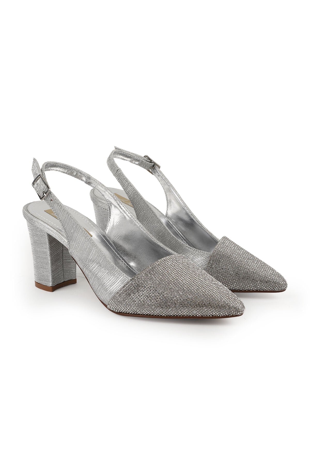 Women's Silvery Heeled Shoes Pointed Toe Thick Heel Slingback Stylish Evening Dress Jurdan Sole L085.K829 - MALLTURK