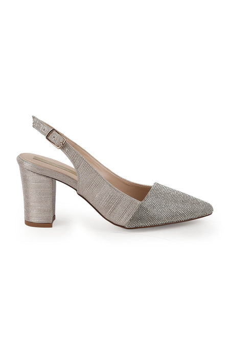Women's Silvery Heeled Shoes Pointed Toe Thick Heel Slingback Stylish Evening Dress Jurdan Sole L085.K829 - MALLTURK