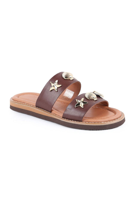Women's Slippers Daily Comfortable Double Wide Band with Sea Shell Accessories Lightweight Eva Sole Brown L024 - MALLTURK