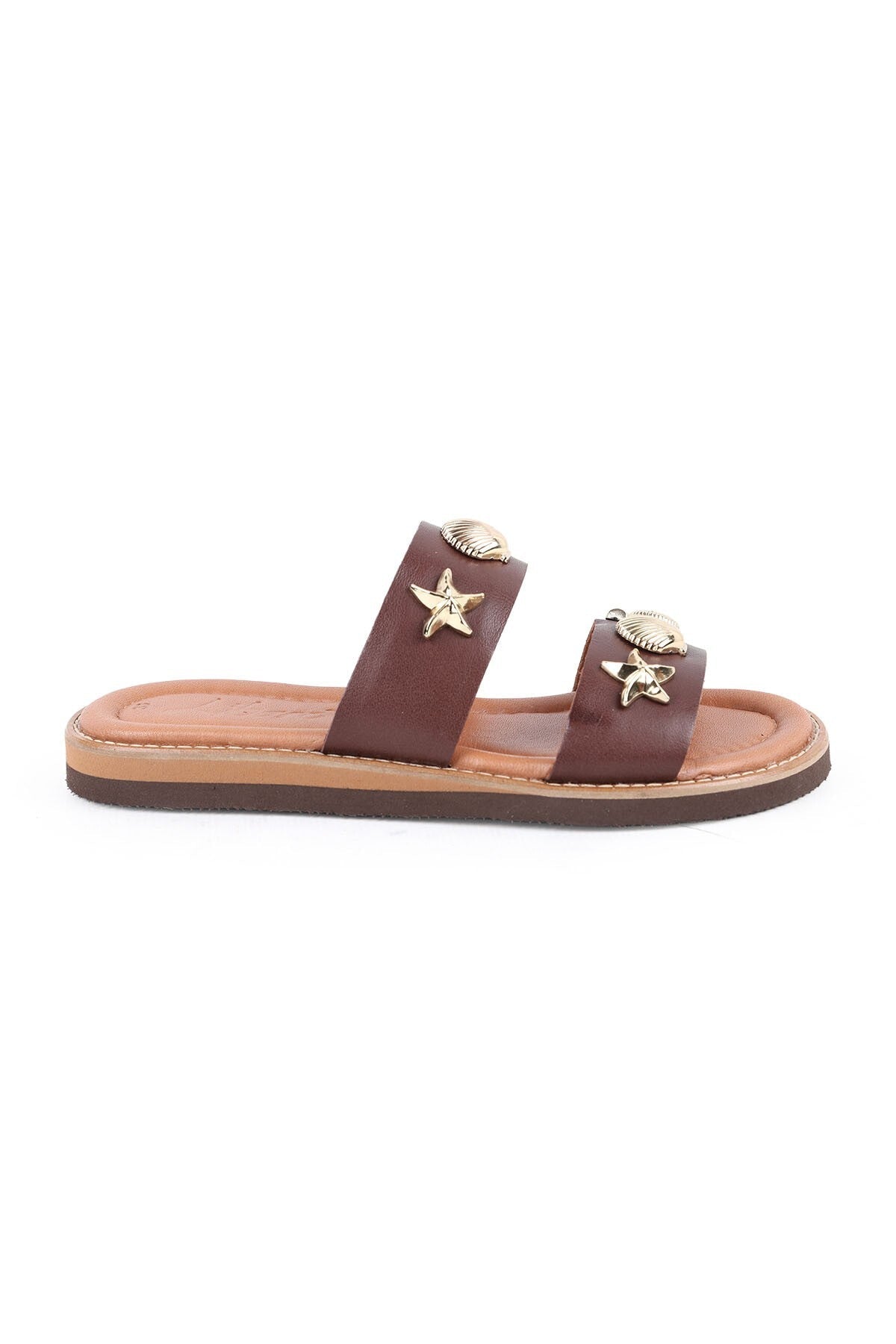 Women's Slippers Daily Comfortable Double Wide Band with Sea Shell Accessories Lightweight Eva Sole Brown L024 - MALLTURK