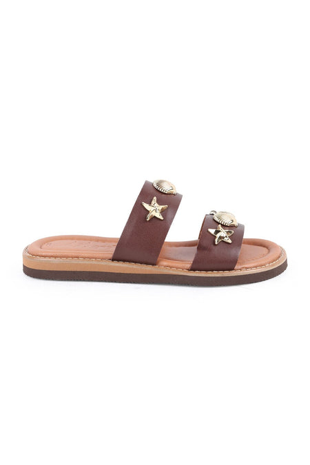 Women's Slippers Daily Comfortable Double Wide Band with Sea Shell Accessories Lightweight Eva Sole Brown L024 - MALLTURK