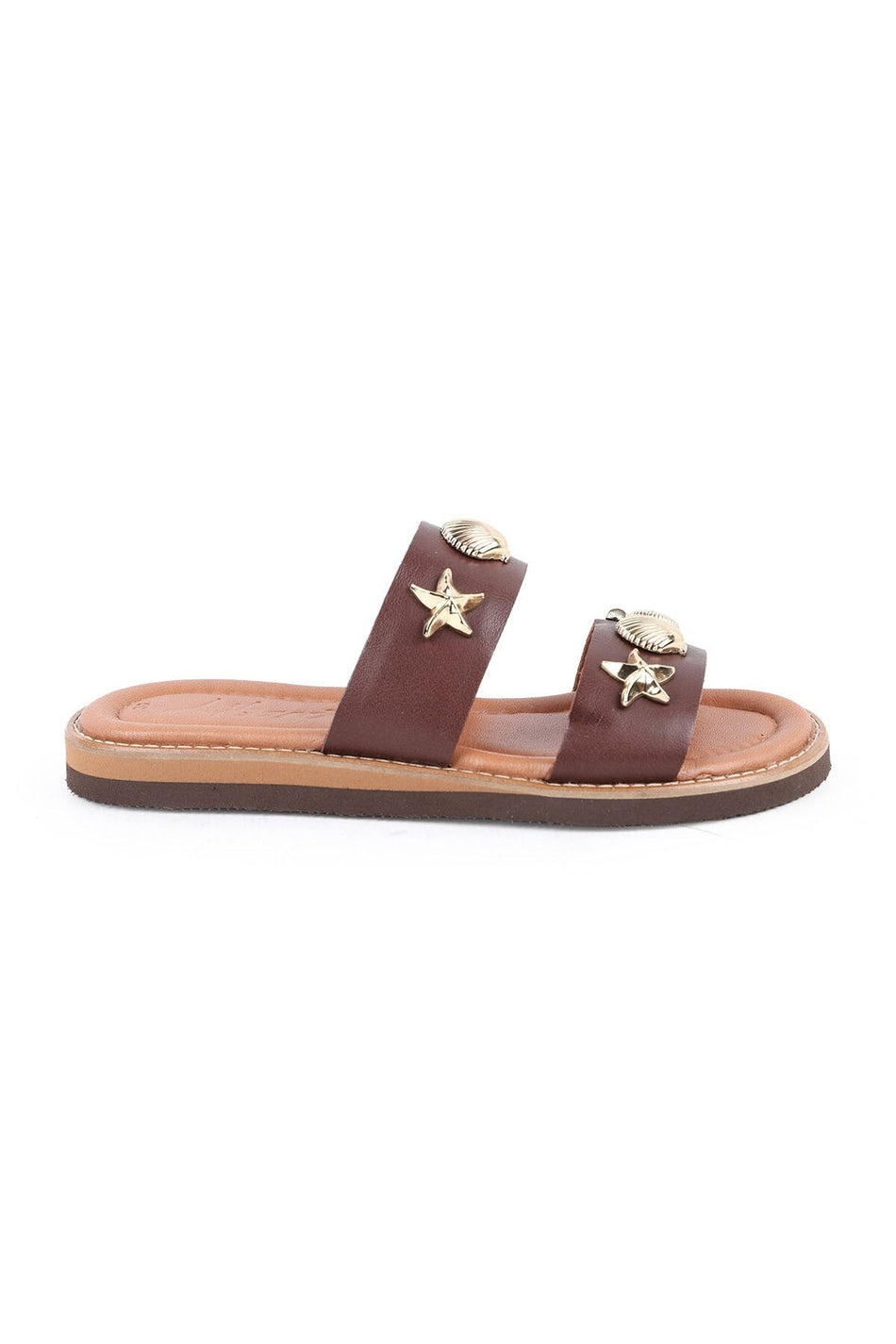 Women's Slippers Daily Comfortable Double Wide Band with Sea Shell Accessories Lightweight Eva Sole Brown L024 - MALLTURK