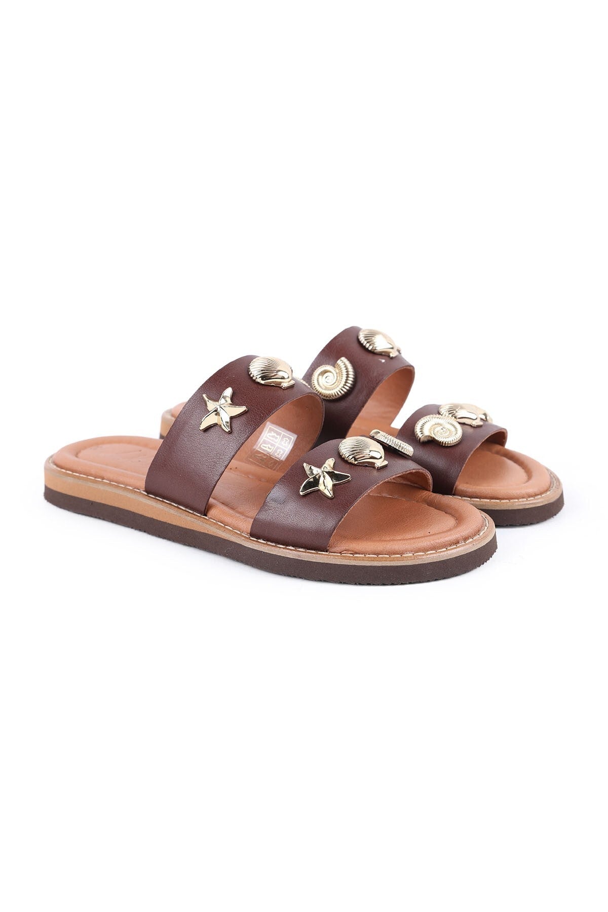 Women's Slippers Daily Comfortable Double Wide Band with Sea Shell Accessories Lightweight Eva Sole Brown L024 - MALLTURK