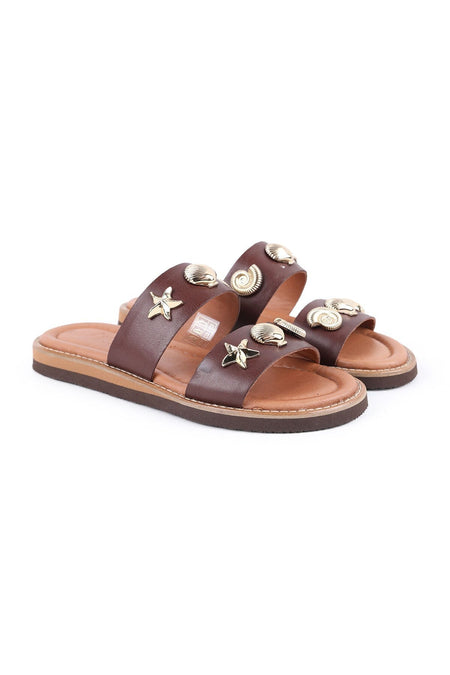 Women's Slippers Daily Comfortable Double Wide Band with Sea Shell Accessories Lightweight Eva Sole Brown L024 - MALLTURK
