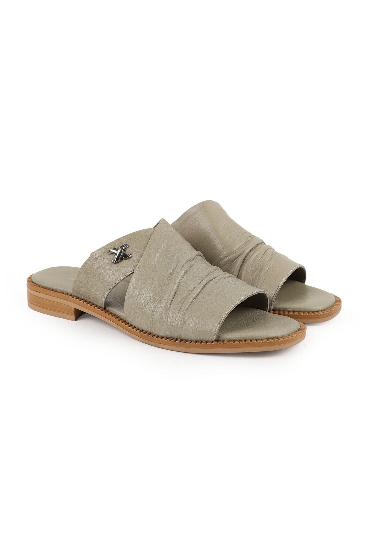 Women's Slippers Daily Genuine Leather Asymmetrical Banded Anatomical Flat Sole Mother's Shoes L060.136 - MALLTURK