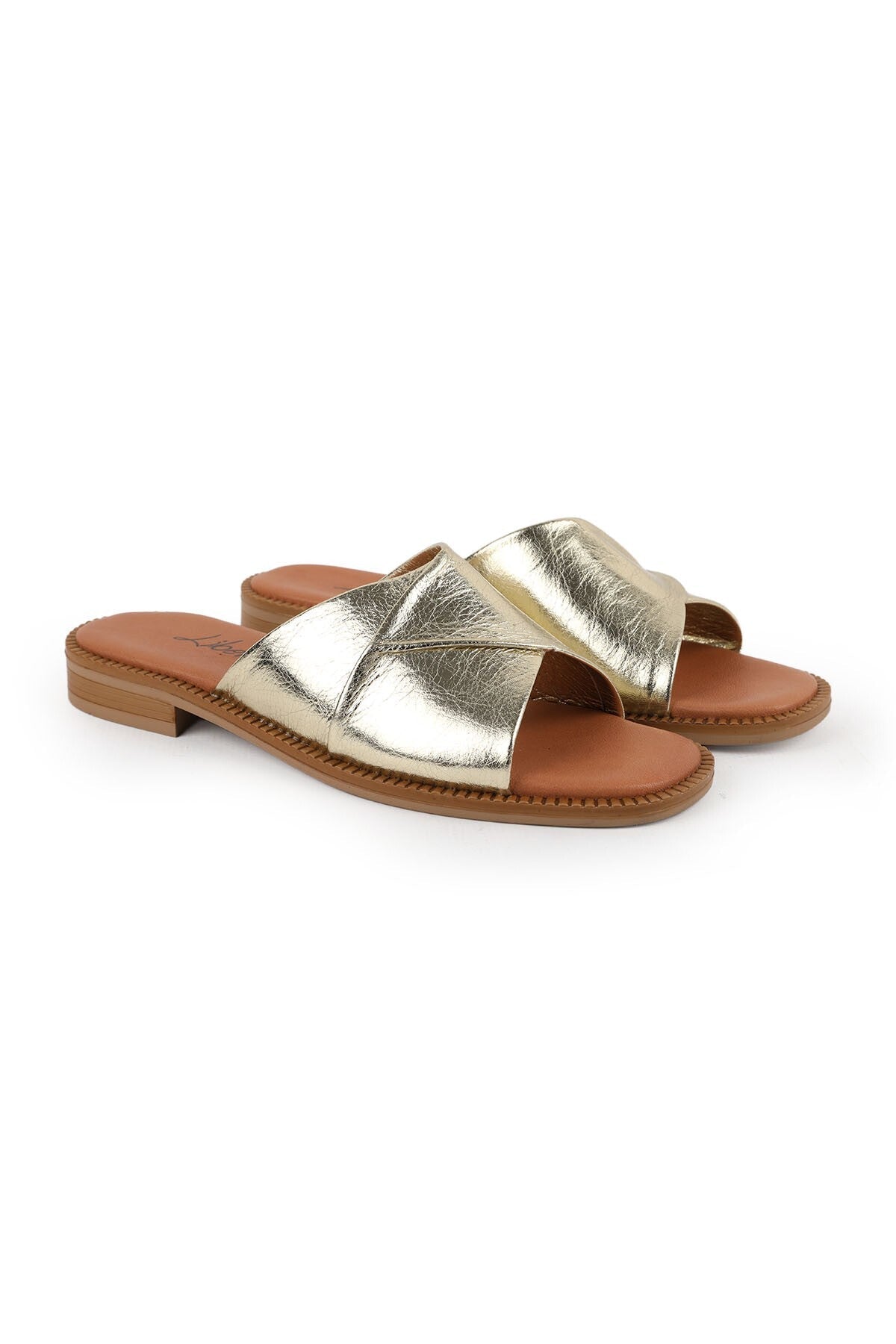 Women's Slippers Daily Genuine Leather Metallic Cross-Strapped Anatomical Flat Sole Mother's Shoes L060.134 - MALLTURK
