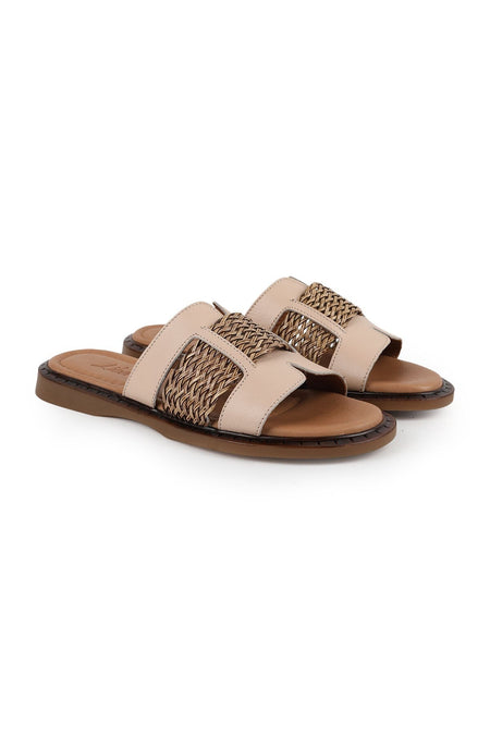 Women's Slippers Daily Open Toe Knitted Banded Slip-On Antique Leather Mother Shoes L082.26670 - MALLTURK