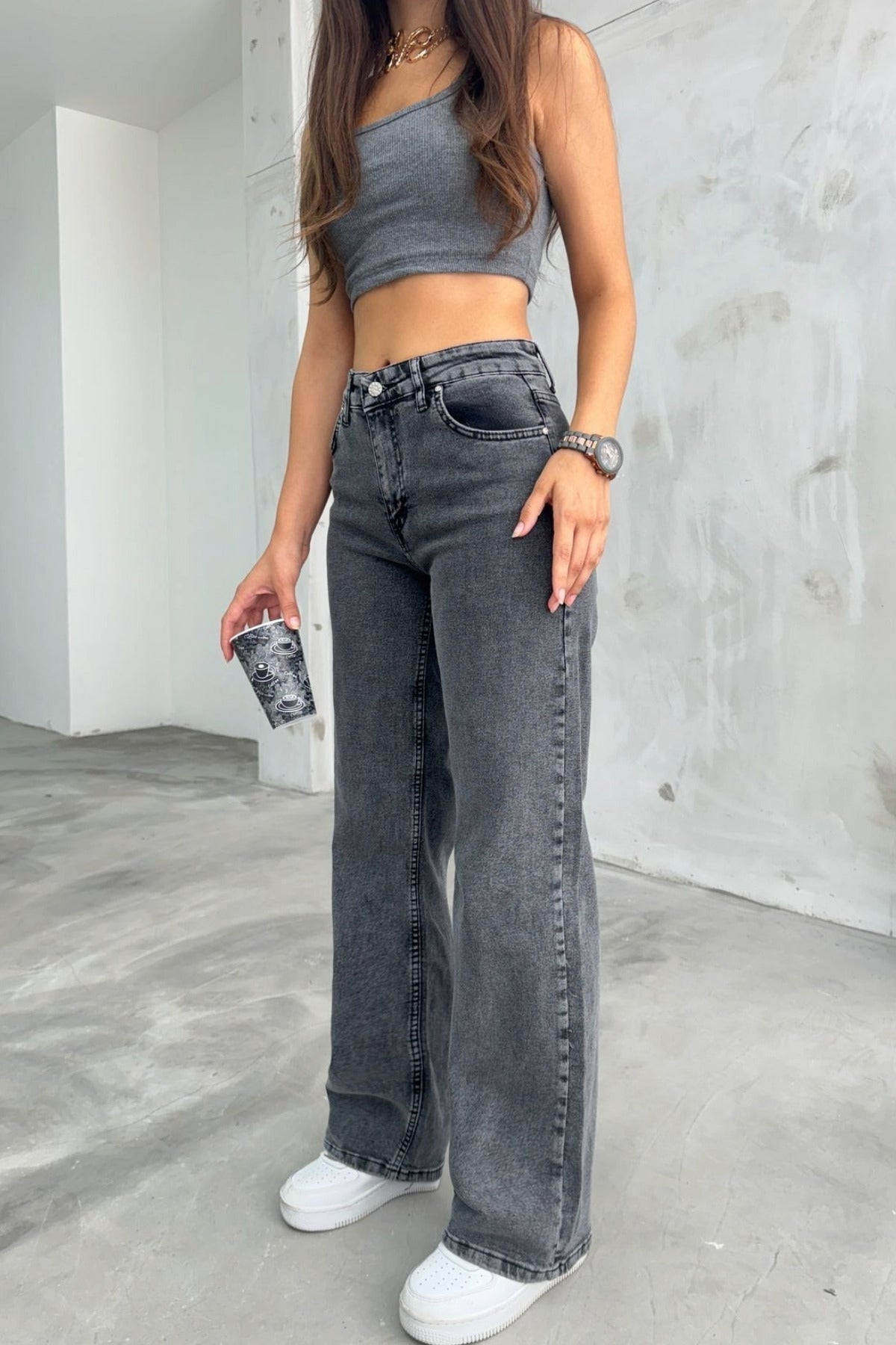 Women's Smoke Gray Snow Wash High-Waisted Palazzo Jeans - MALLTURK