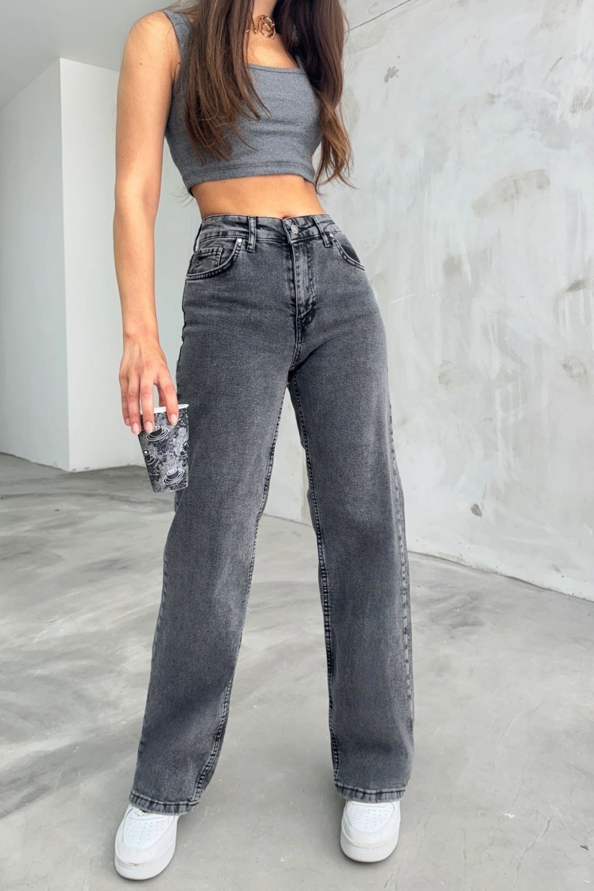 Women's Smoke Gray Snow Wash High-Waisted Palazzo Jeans - MALLTURK