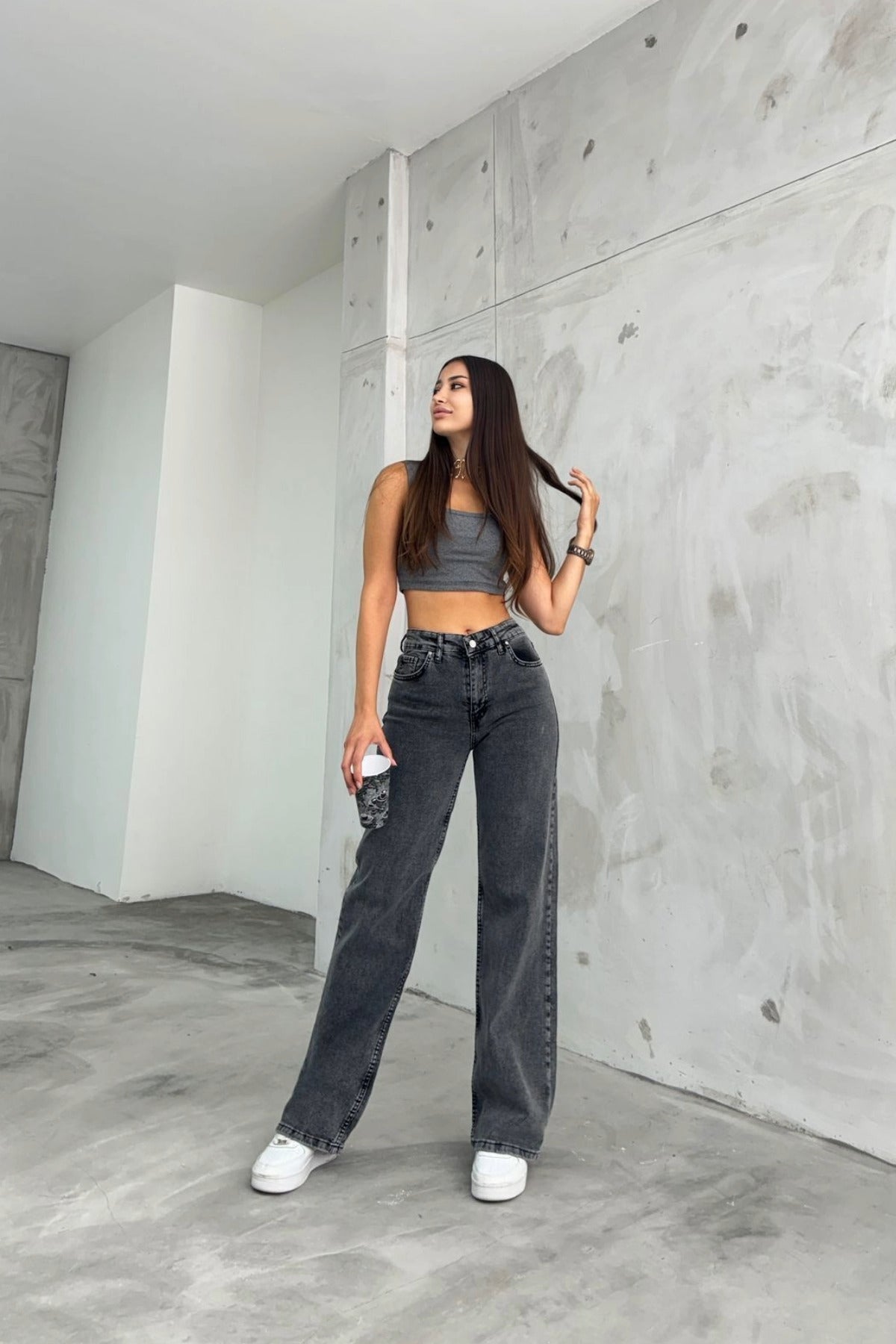 Women's Smoke Gray Snow Wash High-Waisted Palazzo Jeans - MALLTURK