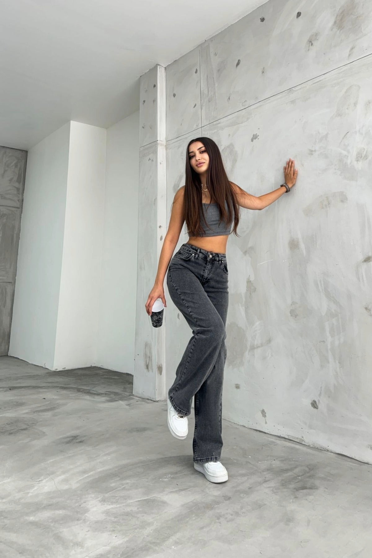 Women's Smoke Gray Snow Wash High-Waisted Palazzo Jeans - MALLTURK