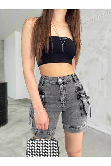 Women's Smoke Grey Cargo High-Waisted Stretchy Shorts Jeans with Pockets - MALLTURK