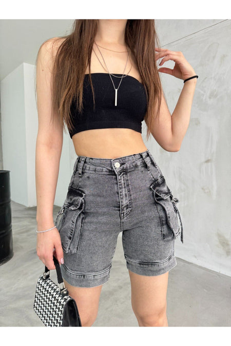 Women's Smoke Grey Cargo High-Waisted Stretchy Shorts Jeans with Pockets - MALLTURK