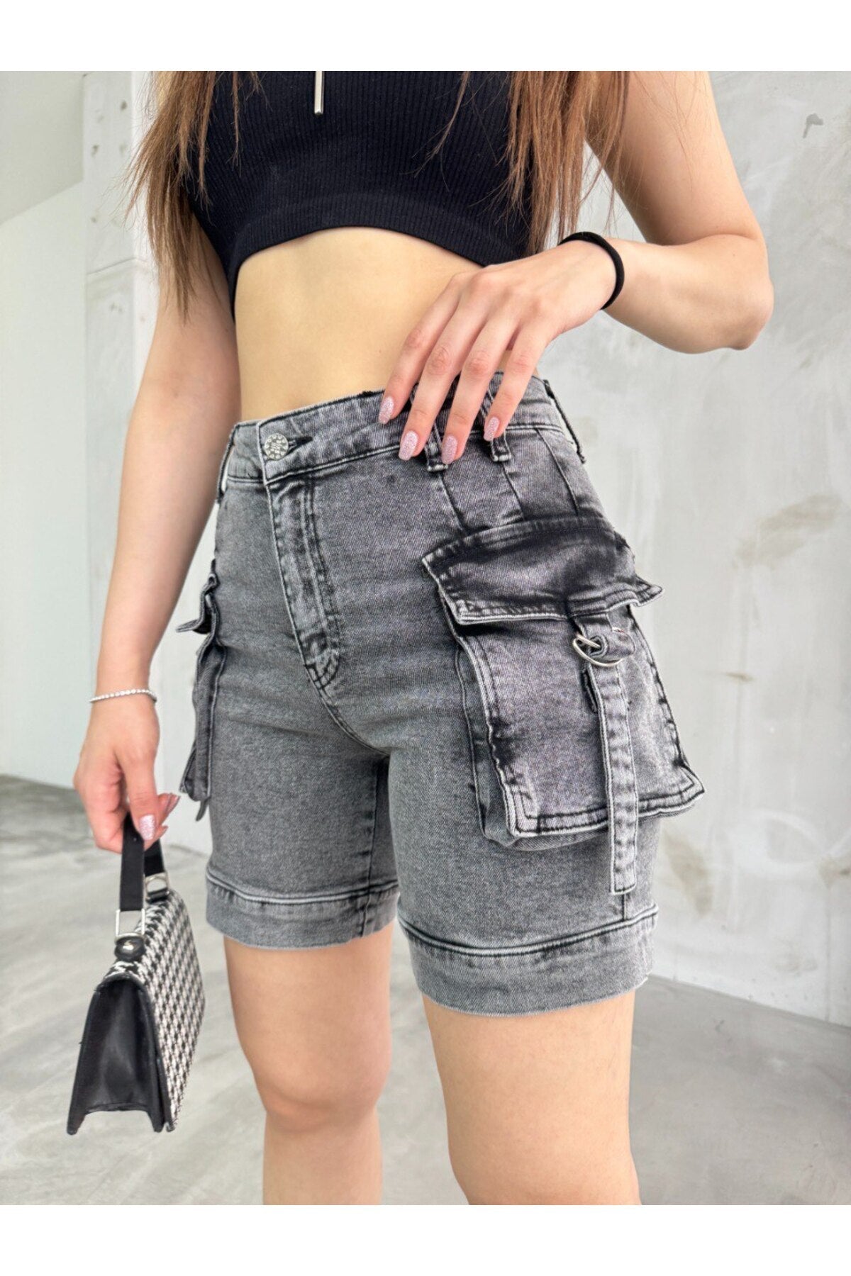 Women's Smoke Grey Cargo High-Waisted Stretchy Shorts Jeans with Pockets - MALLTURK