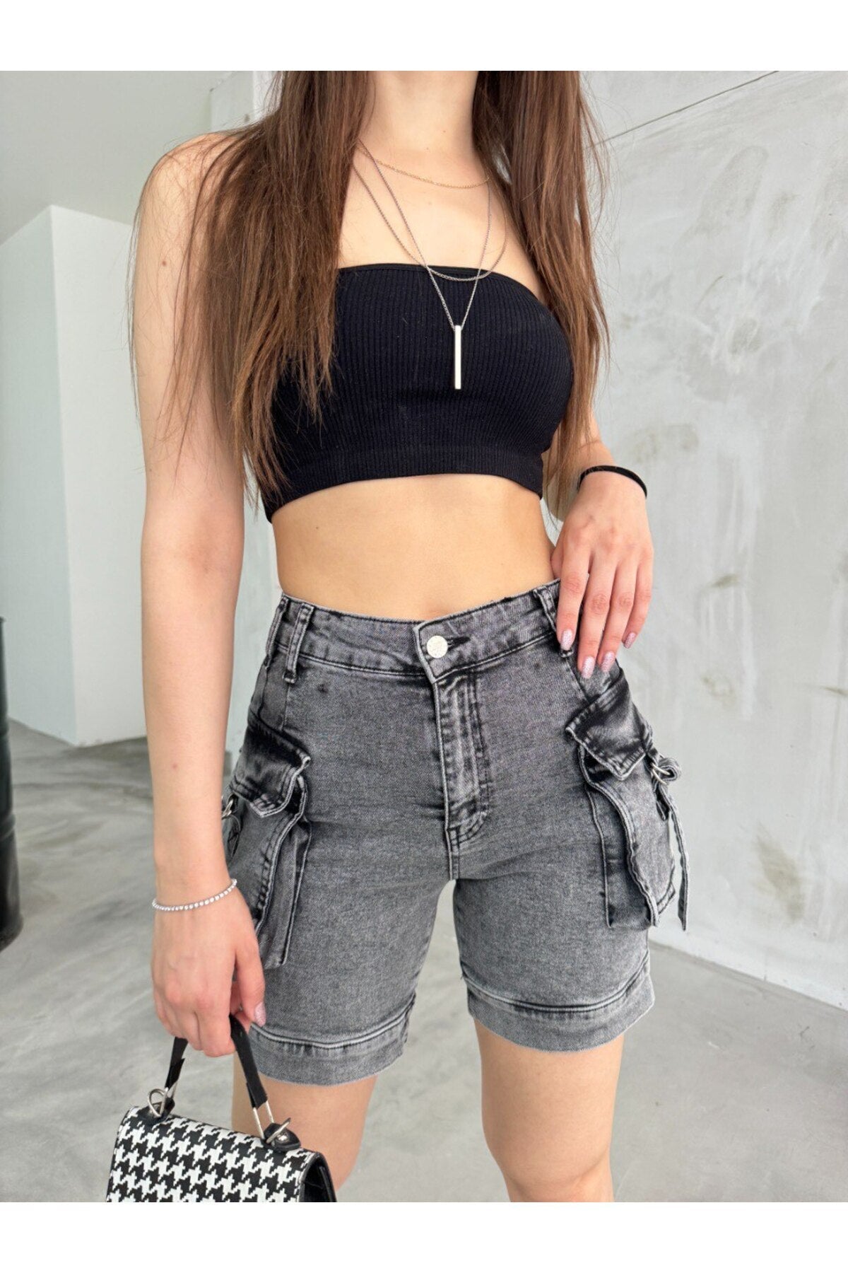 Women's Smoke Grey Cargo High-Waisted Stretchy Shorts Jeans with Pockets - MALLTURK
