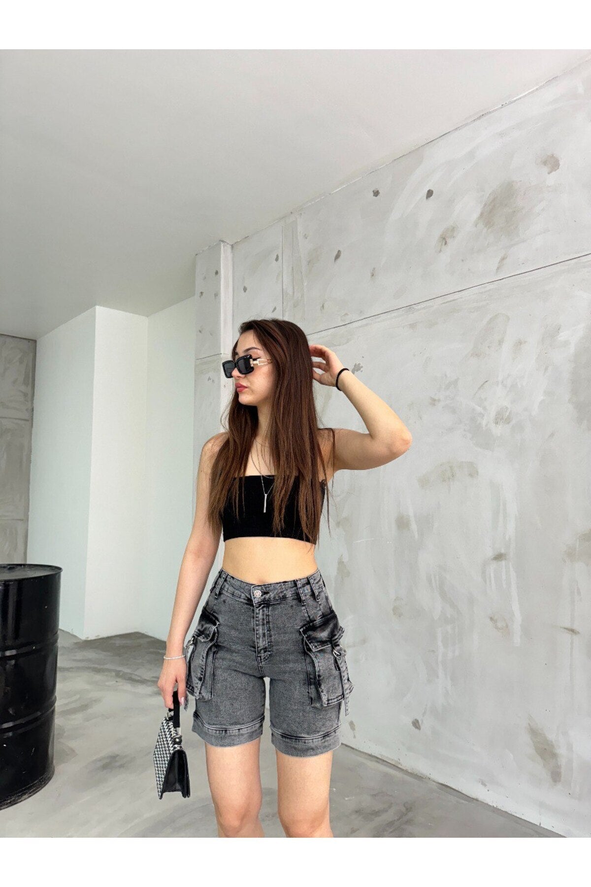 Women's Smoke Grey Cargo High-Waisted Stretchy Shorts Jeans with Pockets - MALLTURK