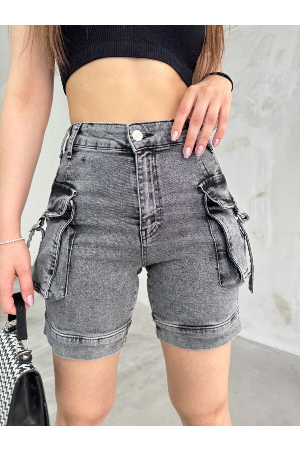 Women's Smoke Grey Cargo High-Waisted Stretchy Shorts Jeans with Pockets - MALLTURK