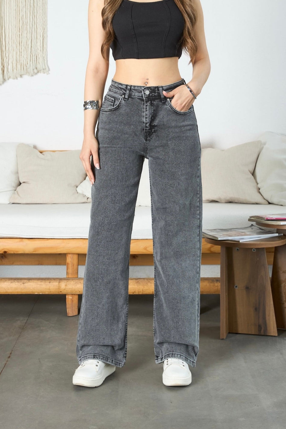 Women's Smoke Grey High-Waisted Wide-Leg Jeans - MALLTURK