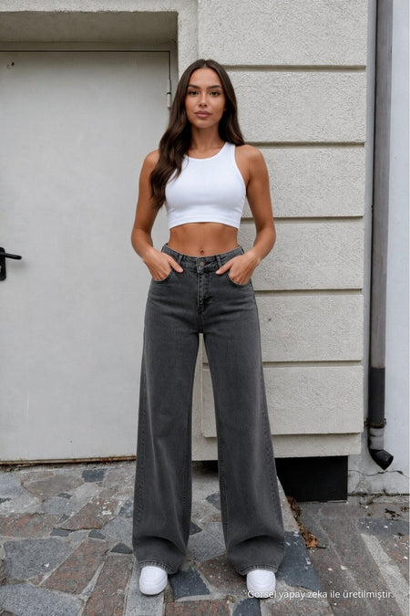 Women's Smoke Grey Wide Leg High Waist Jeans - MALLTURK