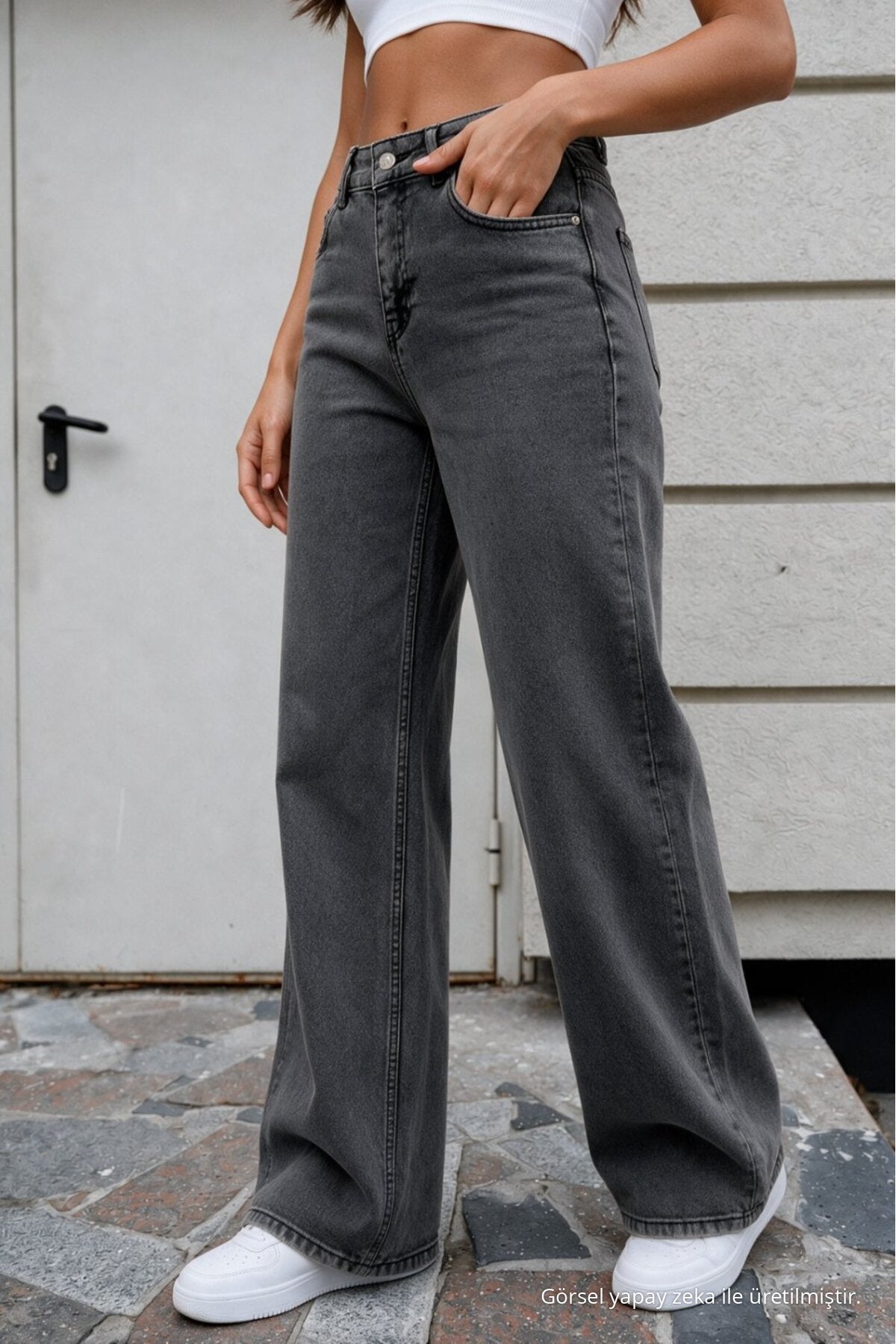 Women's Smoke Grey Wide Leg High Waist Jeans - MALLTURK