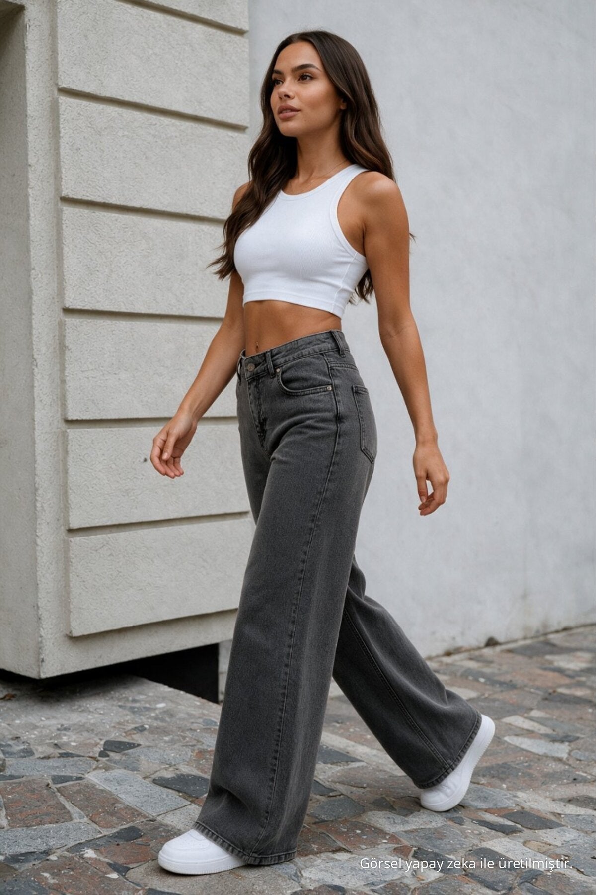 Women's Smoke Grey Wide Leg High Waist Jeans - MALLTURK