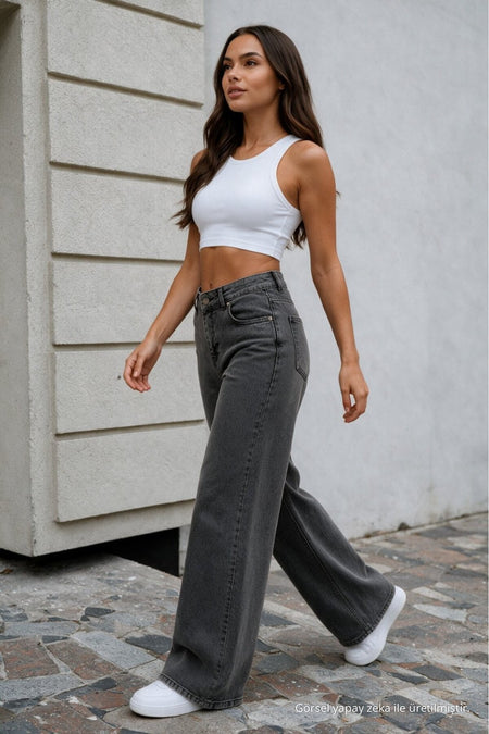Women's Smoke Grey Wide Leg High Waist Jeans - MALLTURK