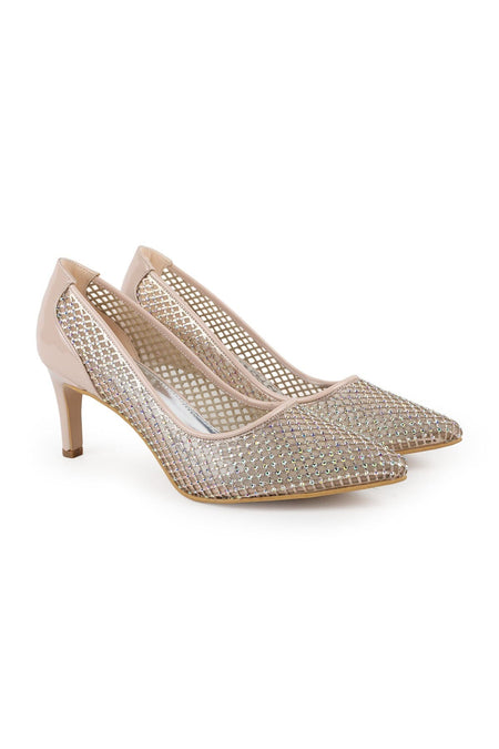 Women's Stiletto Evening Dress Shoes with Stones and Mesh, Pointed Toe, Medium Heel L047.5745 - MALLTURK