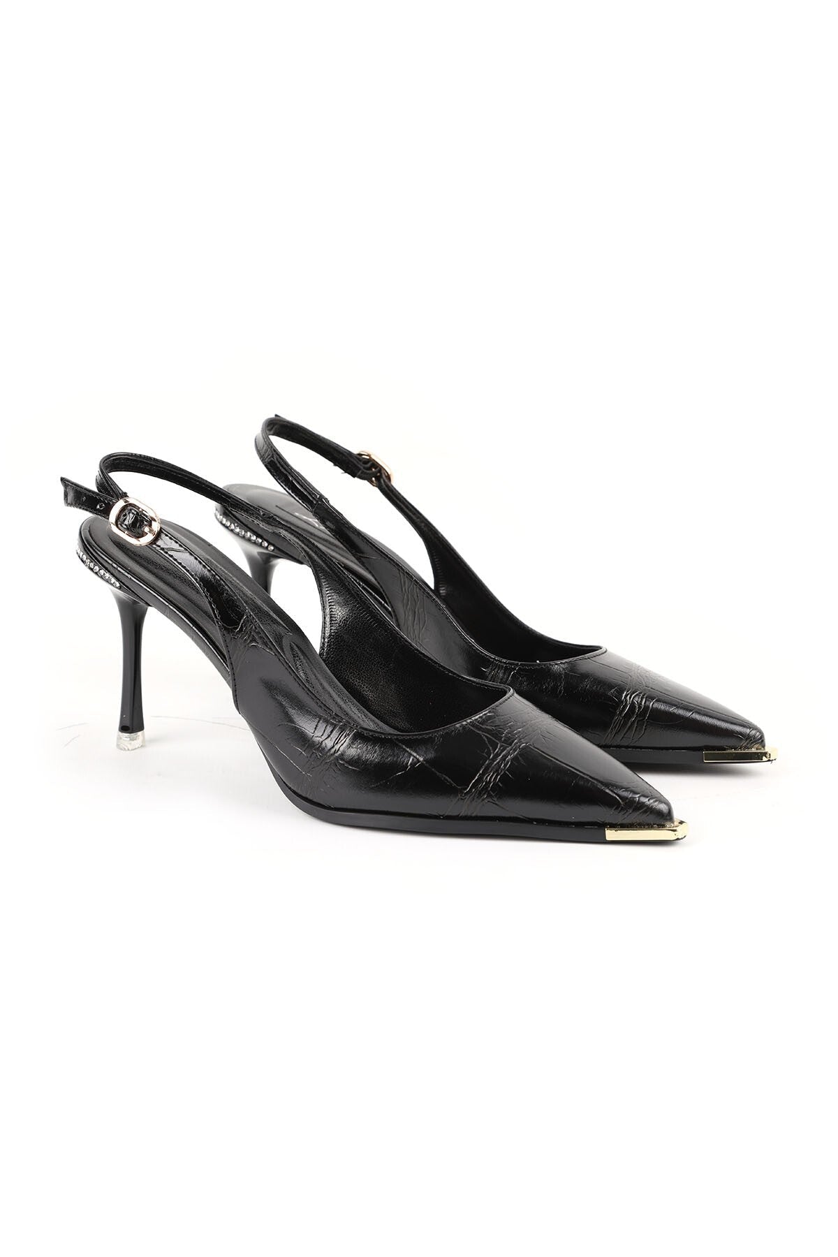 Women's Stiletto Patterned Metal Toe Detailed Slingback Thin Heeled Evening Dress Shoes L085.K3080 - MALLTURK
