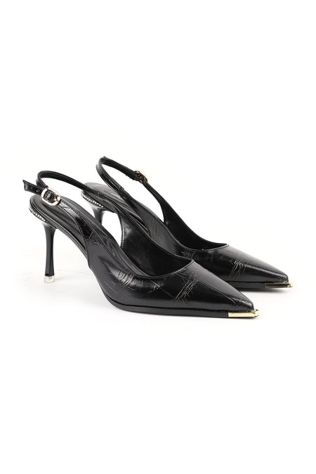 Women's Stiletto Patterned Metal Toe Detailed Slingback Thin Heeled Evening Dress Shoes L085.K3080 - MALLTURK