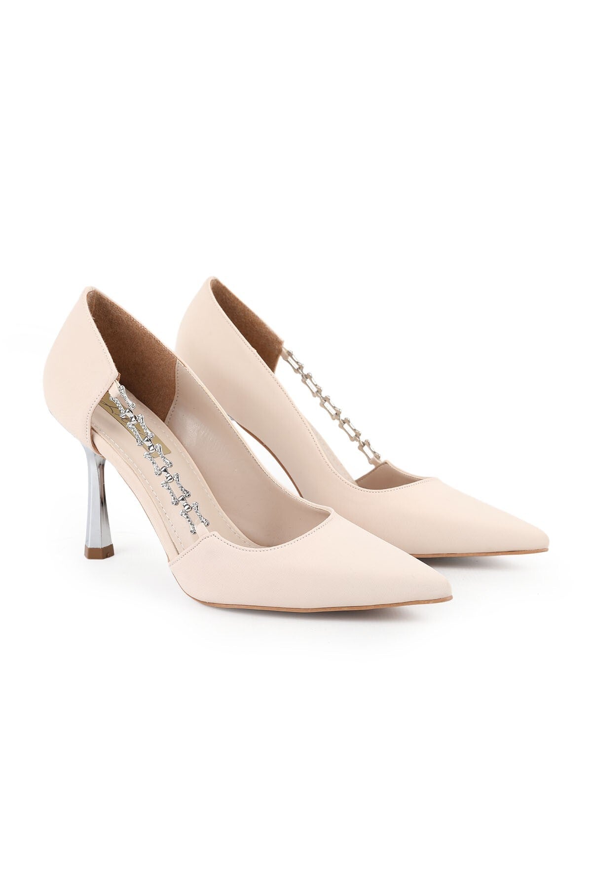 Women's Stiletto Stone Chain Detailed Thin Metallic Heeled Pointed Toe Evening Dress Evening Shoes L85.K3010 - MALLTURK