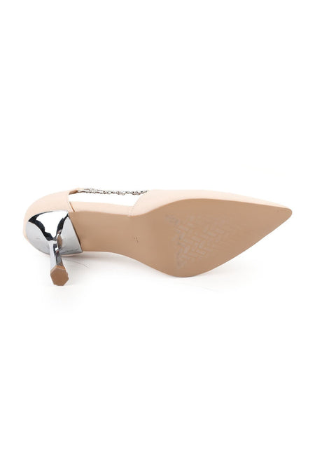 Women's Stiletto Stone Chain Detailed Thin Metallic Heeled Pointed Toe Evening Dress Evening Shoes L85.K3010 - MALLTURK