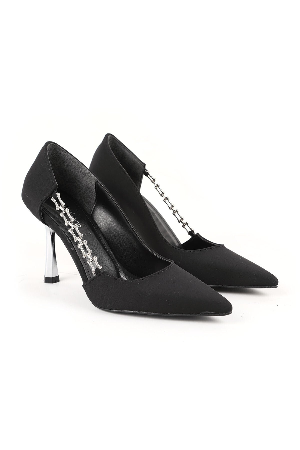 Women's Stiletto Stone Chain Detailed Thin Metallic Heeled Pointed Toe Evening Dress Evening Shoes L85.K3010 - MALLTURK