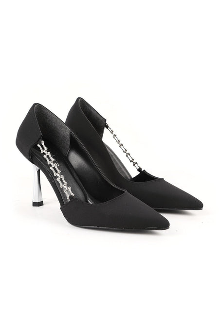 Women's Stiletto Stone Chain Detailed Thin Metallic Heeled Pointed Toe Evening Dress Evening Shoes L85.K3010 - MALLTURK
