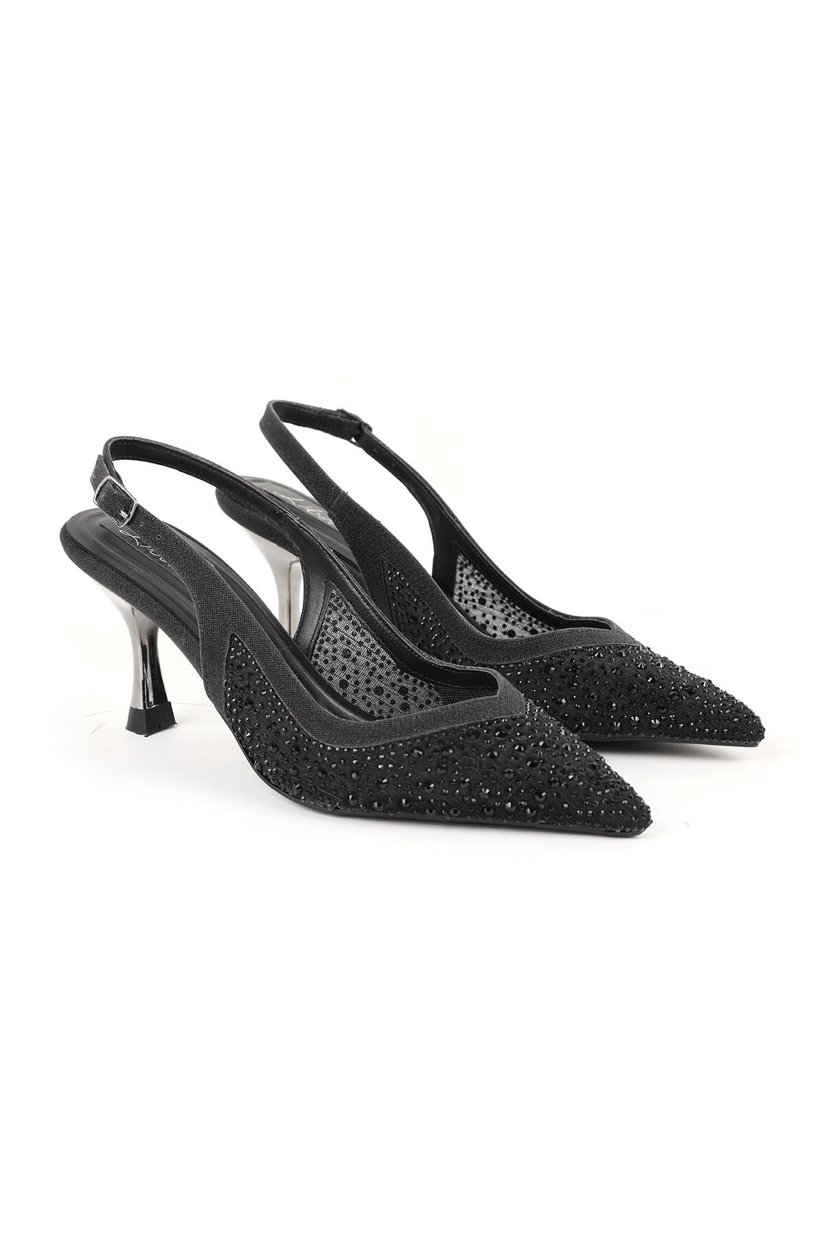 Women's Stone Heeled Shoes Pointed Toe Thin Goblet Heel Tulle Slingback Stylish Evening Dress L085.K227 - MALLTURK