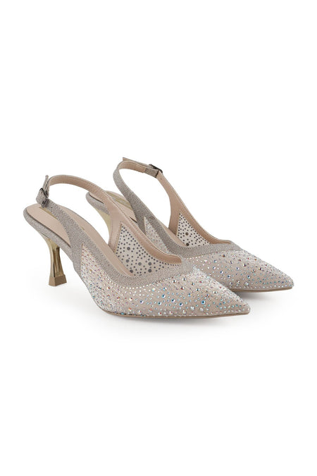 Women's Stone Heeled Shoes Pointed Toe Thin Goblet Heel Tulle Slingback Stylish Evening Dress L085.K227 - MALLTURK