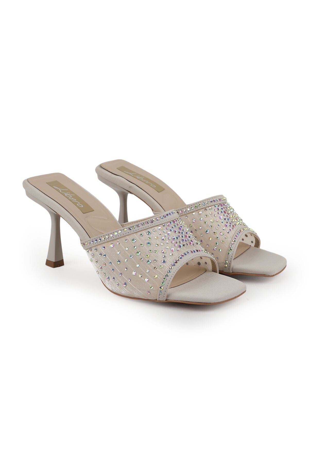 Women's Stoned Heeled Slippers Open Toe Stylish Thin Goblet Heel Evening Dress Satin L085.K123/1 - MALLTURK