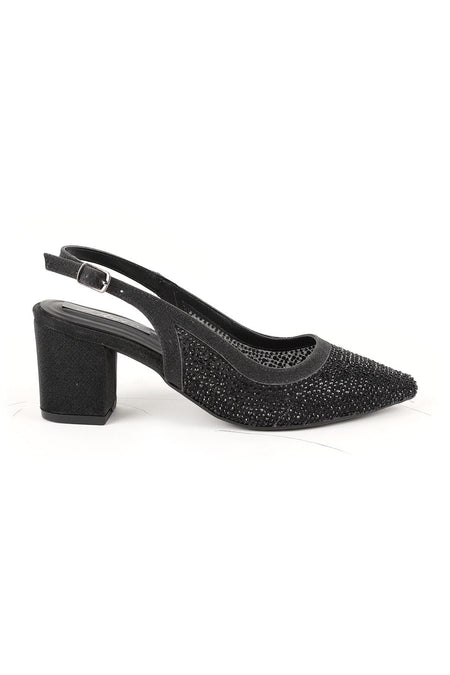Women's Stoned Tulle Detailed Thick Heeled Shoes Stylish Evening Dress Slingback Flexible Tpu Sole L085.K4030/1 - MALLTURK