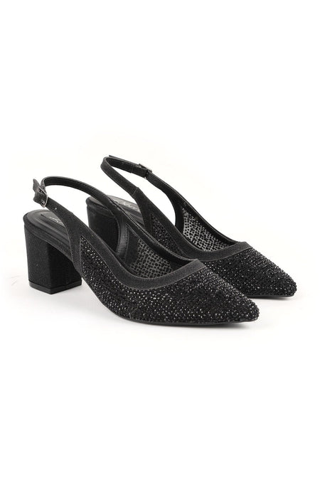 Women's Stoned Tulle Detailed Thick Heeled Shoes Stylish Evening Dress Slingback Flexible Tpu Sole L085.K4030/1 - MALLTURK